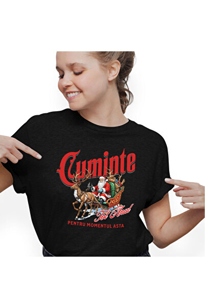 StoryGift Romania Women's T-Shirt with Santa's Sleigh, Reindeer Trail, Gifts, Long Journey, Co,Black_XS