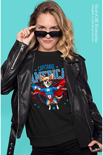 StoryGift Romania Women's T-Shirt with Chihuahua Dog in Captain America Costume with Cape, Hero N,Black_XS