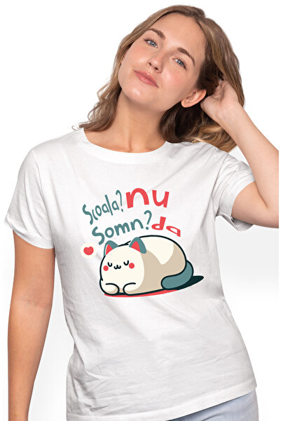 StoryGift Romania Tricou Femei pisica dormind, scoala nu somn da dimetii grel...