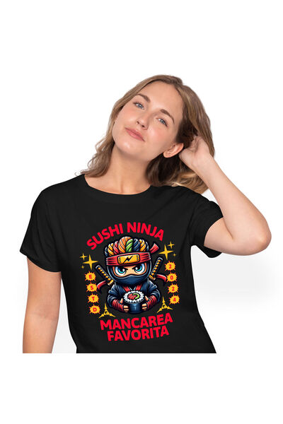 StoryGift Romania Tricou Femei cu Spion Ninja Cu Par Colorat Si Sabii, Tort De Sushi Mancarea Favo,Black_M