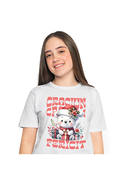 StoryGift Romania Tricou Femei cu Urs Alb Cu Fular Si Caciula Mos Craciun Cad...