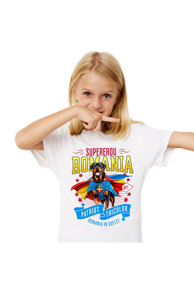 StoryGift Romania Children's T-shirt with Rottweiler Dog in Captain Romania Costume with Cape, Hero, White_10 YEARS