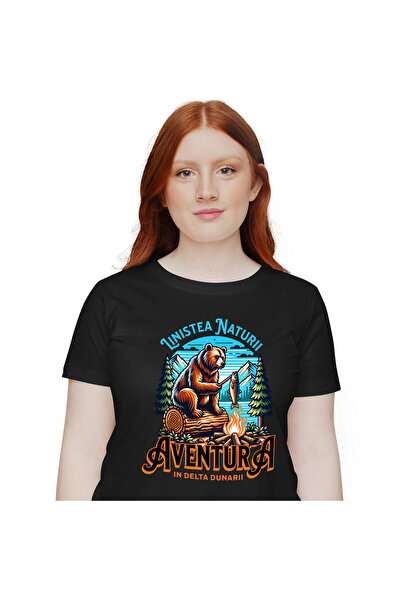 StoryGift Romania Tricou Femei cu Urs Brun Maro Foc De Tabara Peste, In Padur...