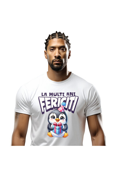 StoryGift Romania Tricou Barbati cu Pinguin Vesel Cu Coif Roz Aniversar Si Ca...