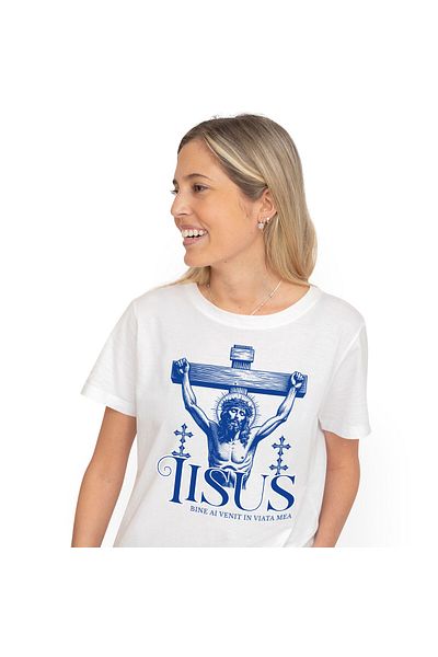 StoryGift Romania Tricou Femei cu Iisus Hristos Atarnat Pe Cruce Adormire Inaltarea Domnului, Past,White_S