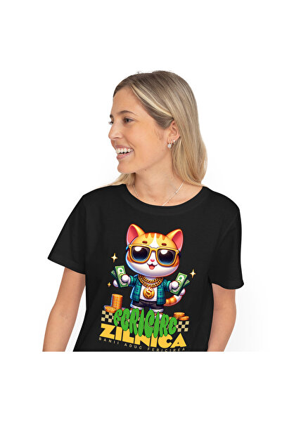 StoryGift Romania Tricou Femei cu Pisica Stil Gangster Cu Bancnote Bani si Bi...