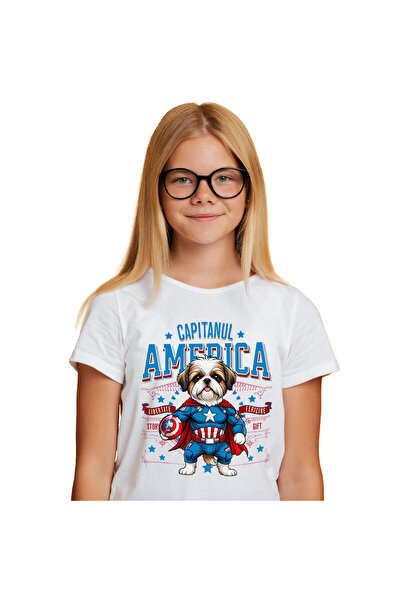 StoryGift Romania Children's T-shirt with Shih Tzu Dog in Captain America Costume with Cape, Hero No, White_6 YEARS