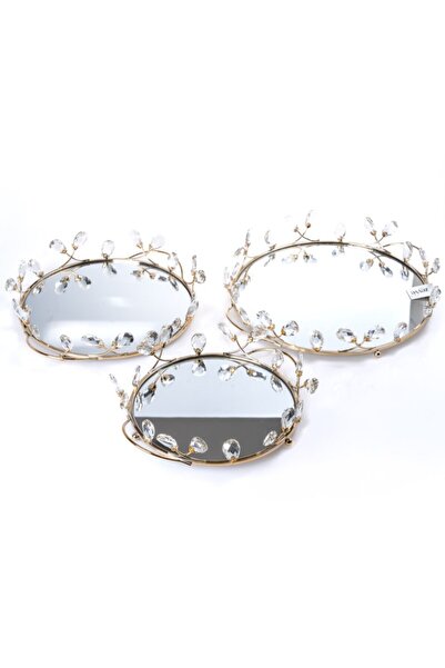 Hinora Drop Crystal Stone Mirrored 3 Size Round Stylish Tray Set