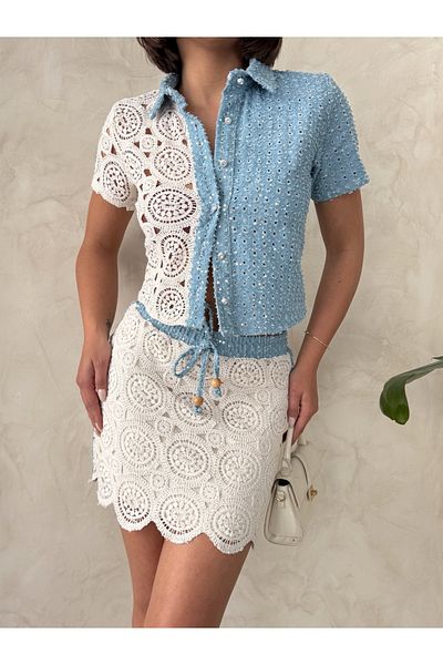 Miss Allos Fusta de damă din tricot din dantelă, cu talie și lateral, cu garnitură de blugi