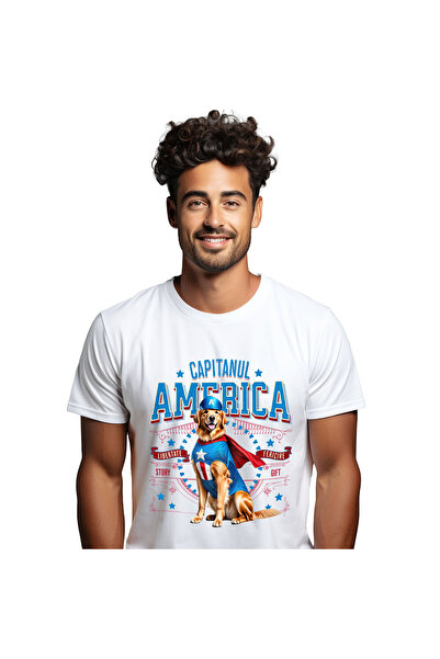 StoryGift Romania Tricou Barbati cu Golden Retriever Caine In Costum de Capit...