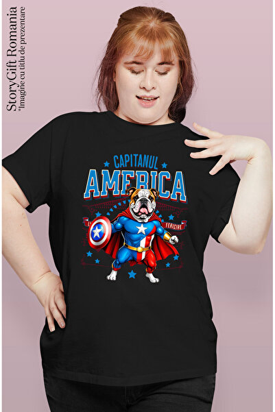 StoryGift Romania Women's T-Shirt with Bulldog Dog in Captain America Costume with Cape, Hero of Night, Black_L
