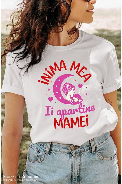 StoryGift Romania Tricou Femei cu Mama Si Fica Familie Luna Inimi, Dragoste infinita, copii cu imp,White_L