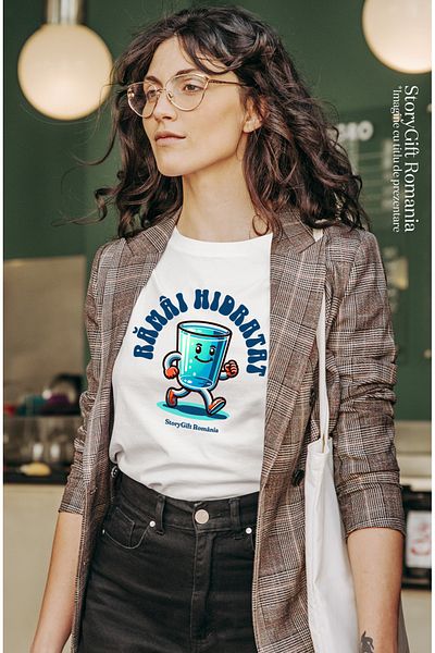 StoryGift Romania Tricou Femei Ramai Hidratat Pahar Cu Apa Mergator Zambet Lichide Cu Imprimeu Pe Wht_l