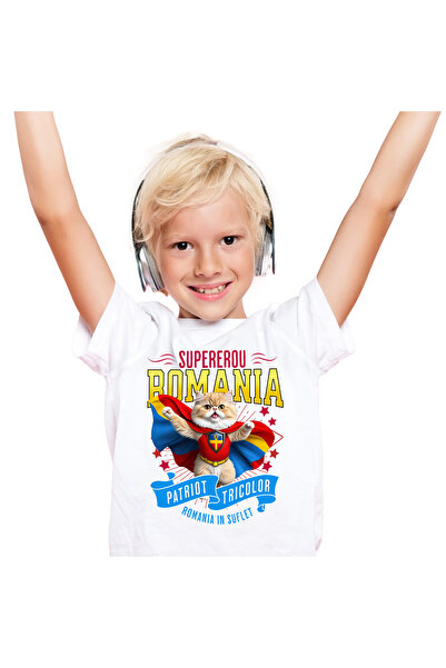 StoryGift Romania Children's T-shirt with Persian Cat in Captain Romania Costume with Cape, White_8 YEARS