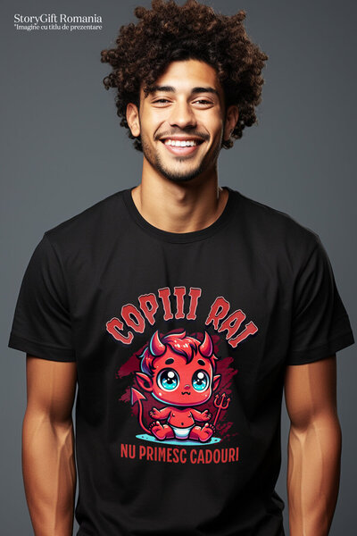 StoryGift Romania Men's T-shirt with Baby Red Devil With Fork And Horns, Kids, Hallowen, Candy, Black_XL