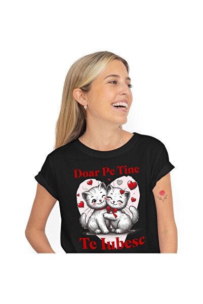 StoryGift Romania Tricou Femei cu Cuplu Pisici Albe Indragostite, Cu Funda Ro...