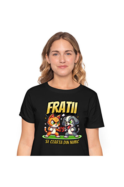 StoryGift Romania Tricou Femei cu Razboi Pisica Si Caine, Fratii, Lupta, Cear...