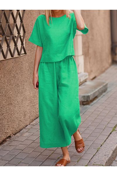 Toridas Double Suit Bottom Top Daily Comfortable Elastic Waist Women Linen Green