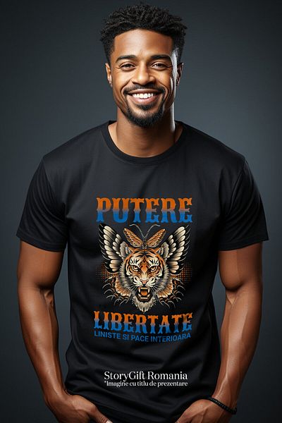 StoryGift Romania Men's T-Shirt with Angry Tiger with Fangs Butterfly Wings Power Freedom Motivated,Black_XS