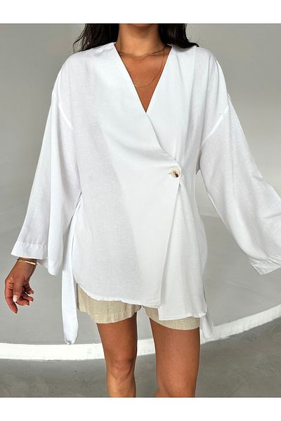 Laluvia Plátěná kimono - bílá, 100% bavlna, detail knoflíku a pásek