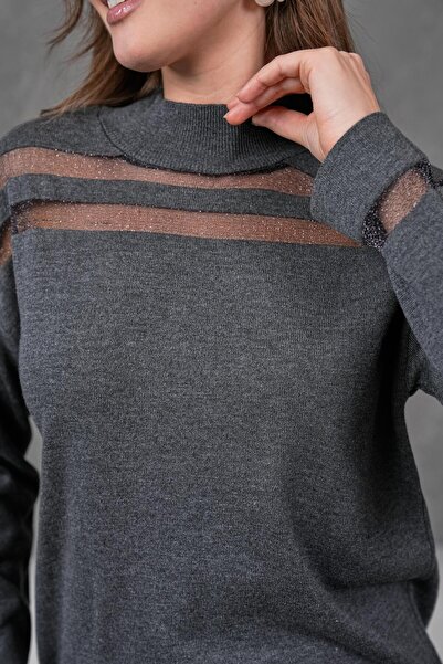 Irmak Kerekli Kadın Antrasit Transparan Çizgili Triko Kazak Triko Bluz 1107