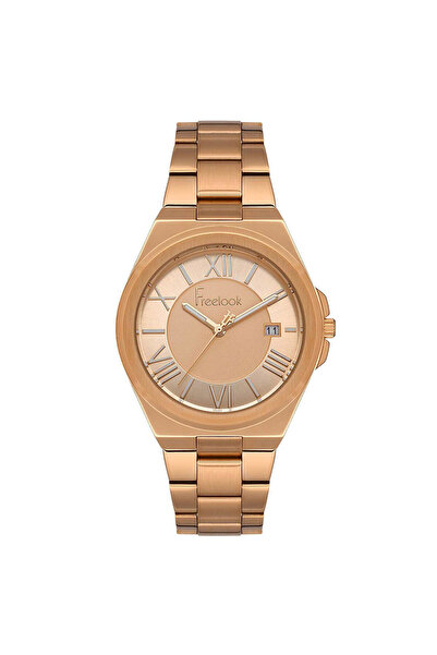 Freelook ساعة نسائية باللون الذهبي الوردي - قرص دائري، سوار معدني، آلية كوارتز، إضافات تناظرية