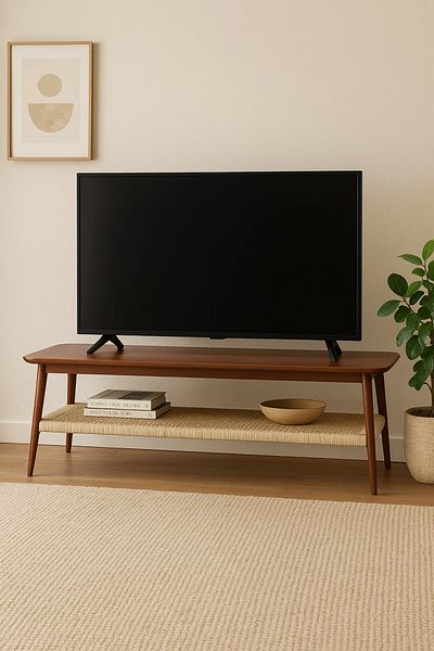 MARIA HOMES Mid-Century Modern TV Table with Woven Shelf – 160x40x45 cm Walnut Finish