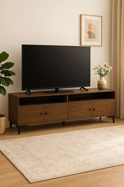 MARIA HOMES حامل تلفزيون عصري بني غامق مع 4 خزائن ورفوف مفتوحة - وحدة ترفيه خشبية 180×40×50 سم