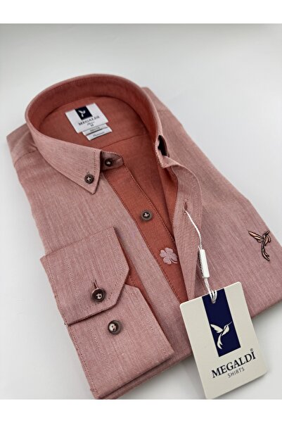 MEGALDİ Erkek Slim Fit Kesim Tansel Gül Kurusu Uzun Kollu Gömlek