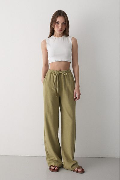 JASTE Women's Elastic Waist Wide Leg Palazzo Linen Trousers