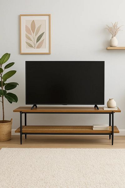 MARIA HOMES Modern Brown TV Stand with Rattan Shelf – 160x40x50 cm Two-Tier Wooden Media Console