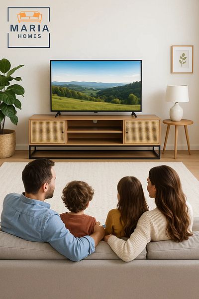 MARIA HOMES Natural Wood TV Stand with Woven Rattan Doors and Metal Base – 180x39x48 cm