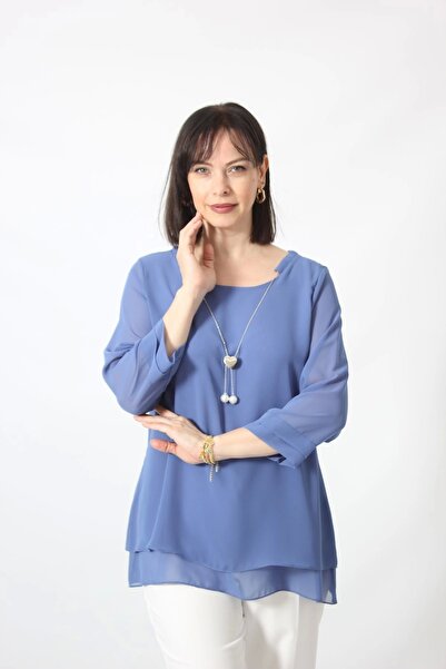 Moda Berray 1934 Kolyeli Şifon Büyük Beden Şık Bluz Indigo