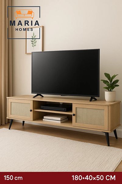 MARIA HOMES Modern Light Wood Tv Stand With Fabric Doors And Metal Legs – 180x40x50 Cm Entertainment Console