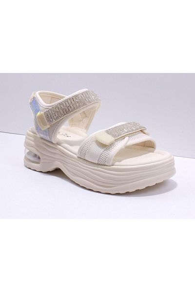 Guja Sandale confortabile pentru femei, cu talpă cu pană, cu velcro, culoare bej