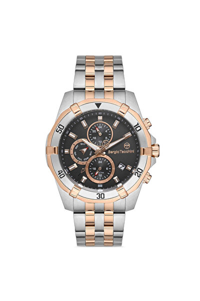Sergio Tacchini ساعة يد دائرية باللون الفضي والرمادي للرجال - علبة فولاذية، آ...