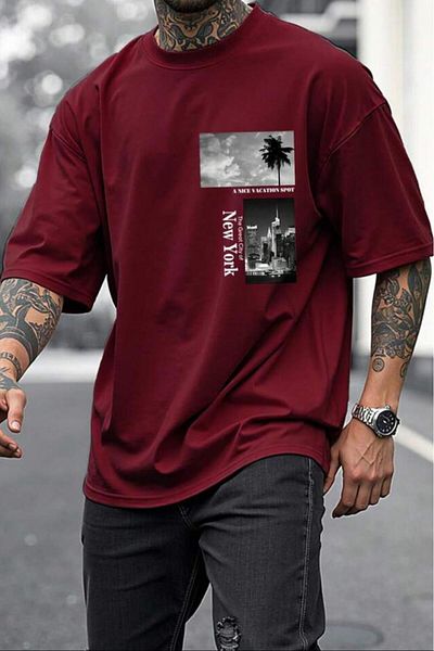 NO 601 Men's Burgundy Ny Palm Printed Oversize Tshirt