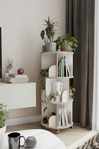 zeo wood design 360° Mdflam Dekoratif 3 Katlı Döner Kitaplık - Beyaz - 103x45