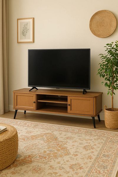 MARIA HOMES Rattan Door TV Stand with Open Shelves – 200x40x50 cm Brown Mid-Century Console