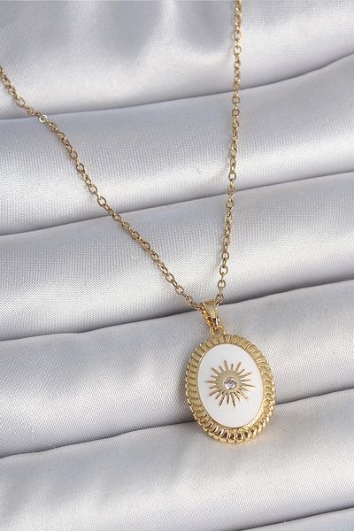 Clariss 316L Steel Gold Color Chain White Enamel Sun Engraved Zircon Stone Detailed Medallion Model Women's Necklace