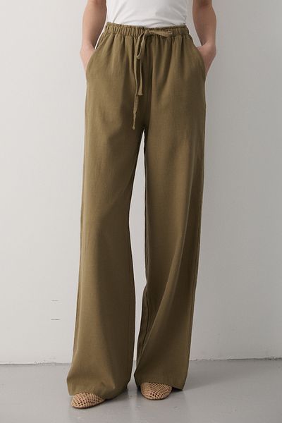 JASTE Women's Dark Khaki Elastic Waist Wide Leg Palazzo Linen Trousers