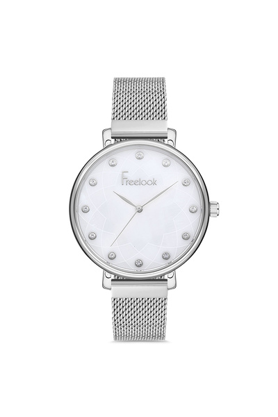 Freelook ساعة يد نسائية بهيكل فضي من الفولاذ ومينا دائرية وسوار شبكي وحركة كو...