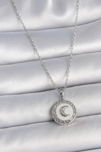 Clariss 316L Steel Silver Color Chain White Enamel Crescent Embroidered Medallion Model Women's Necklace