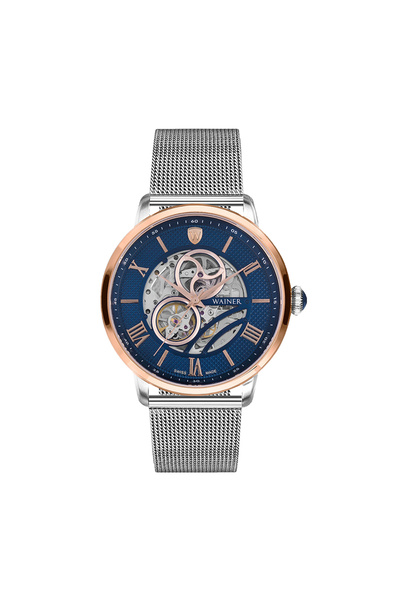 Wainer Erkek Gümüş-lacivert Çelik Kasa Yuvarlak Kadran Hasır Kordonlu Kol Saa...