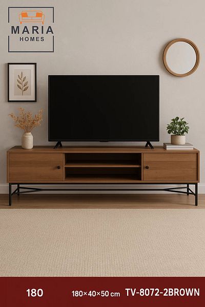 MARIA HOMES Industrial Brown Wood TV Stand with Metal Frame – 180x40x50 cm Modern Entertainment Unit