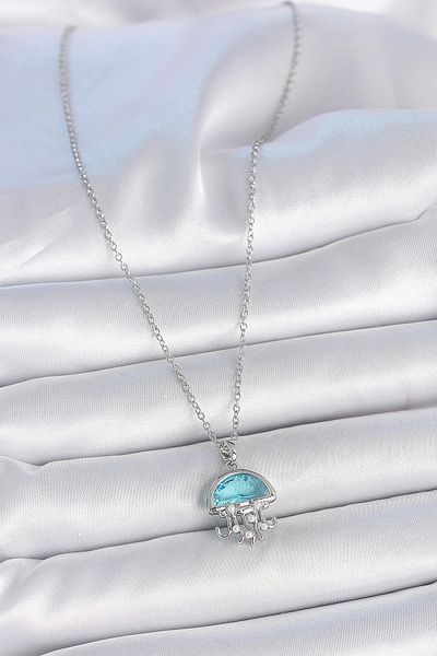 Clariss 316L Steel Silver Color Chain Blue Stone Jellyfish Model Pearl Detail Women's Necklace
