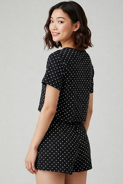OEM Set Pijama Femei Negru Cu Buline, Confortabil Cu Șort Și Top Cropped, Bumbac