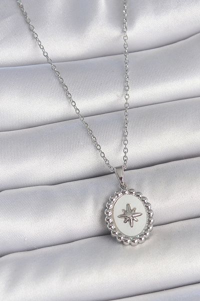 Clariss 316L Steel Silver Color Chain White Enamel Pole Star Embroidered Medallion Model Women's Necklace