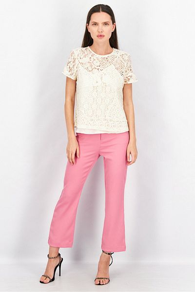 Ralph Lauren Women Round Neck Short Sleeves Lace Blouse, Winter Cream
