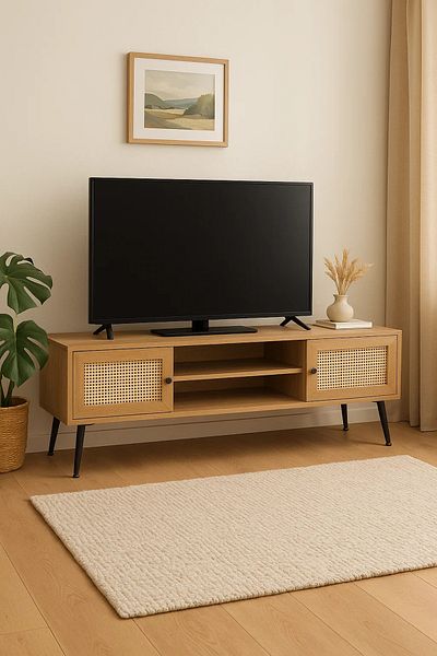 MARIA HOMES Mid-Century Modern TV Stand with Rattan Doors – 160x40x50 cm Brown Entertainment Unit